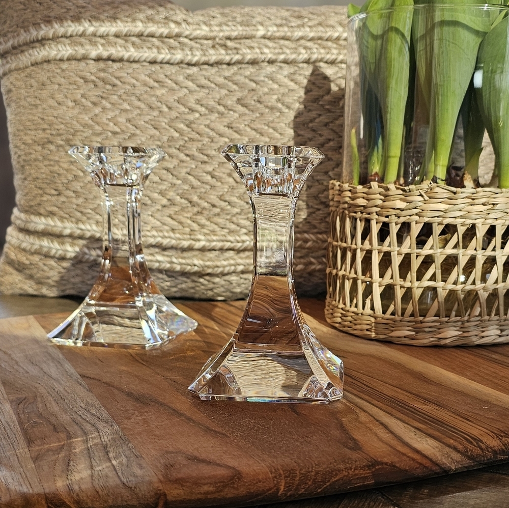 One Pair (2) Orrefors Sweden Crystal Candle Stick Candleholders